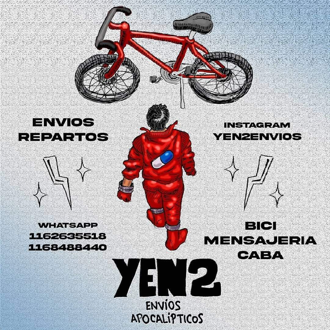 Volante de Yen2 envíos apocalípticos, con información de contacto y redes. Ilustración basada en el poster de la película Akira, reemplazando la moto con una bicicleta